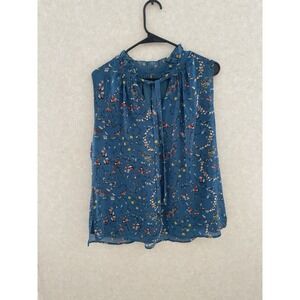 Massini‎ XL Women's Layered Teal Floral Blouse Sleeveless Top w/ Tie Neck